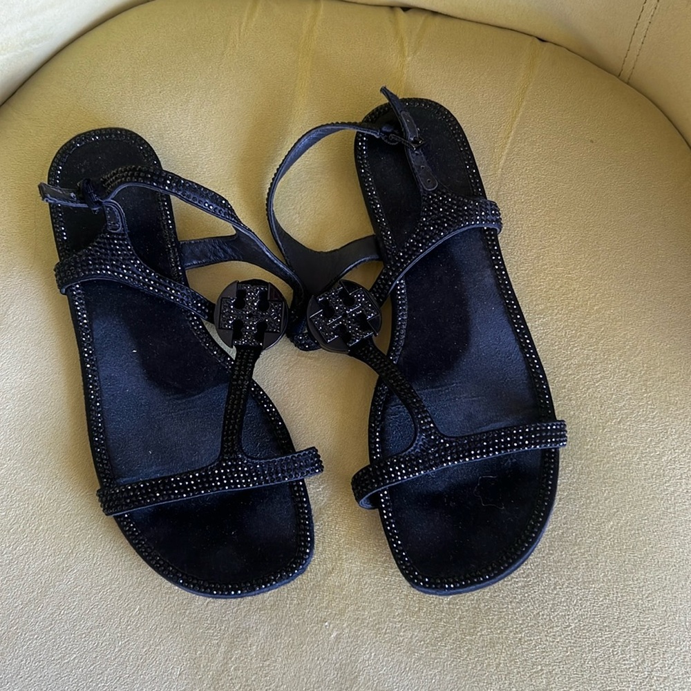 Tory Burch black Delphine Crystal Flat Logo Sandal size 7